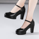 Heel 12Cm Cheongsam Model Catwalk Shoes Women's Thick Heel Thick-Soled Waterproof Platform Non-Slip Round Head Soft Leather Large-Size Single