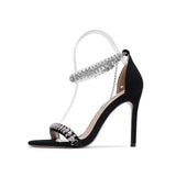New Net Red Design Sense Niche Rhinestone Chain Sexy Sandals Black Suede Stiletto High Heels Women