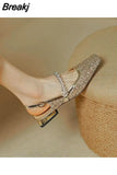 Square Heels Sandals for Women Crystal Summer 2023 Closed Ladies Shoes Gold Party and Weddings Low Casual The Best H