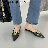 Spring Mule Slipper Women Flat Slide Brand Metal Buckle Slip on Casual Flip Flop Pointed Toe Crossover Sandal Big Size