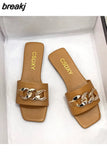 Size 35-43 Flat Leopard Women'S Slippers New European American Metal Chain Square Toe Flat Shoes Women'S Sandals