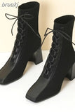 Women's Square Toe Ankle Boots Autumn Winter Fashion Stitching Knitted Elastic Stockings Boots High-heeled Short