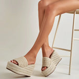 Open Toe Platform Slip On Women's Sandals Straw High Wedges Heeled Summer Shoes Elegant Beach Casual Beige Shoes