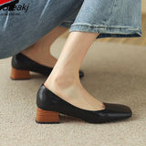 Shoes For Women Flats Shoes Leather Square Toe Low-Heeled Single Shoes Simple Solid Color Retro Spring