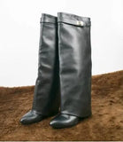Lock Folded Woman Wedge Boots Black Leather Belt Height Increasing Knee High Boots Pointed Toe Winter Long Boots