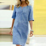 2020 Winter Autumn Button Cotton Linen Dress women Elegant O-Neck Knee length Long Sleeve Pocket Solid Dress Plus Size