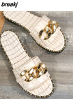 Size 35-43 Flat Leopard Women'S Slippers New European American Metal Chain Square Toe Flat Shoes Women'S Sandals