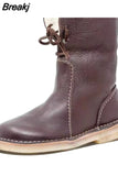 2023 Women Winter Mid Calf Boots Leather Snow Boots Lace Up Plush Fur Warm Slip-on Ladies Shoes Square Heel Short
