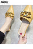 Women's Mules Shoes Pointed Toe Low Heel Women's Slippers Summer Metal Chain Female Sandals Woman Closed Toe Casual