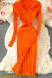 Sexy V-neck Short-sleeved Knit Bodycon Dress Women Casual Summer Slim Elastic High Split Mid-calf Ribbed Long Dress