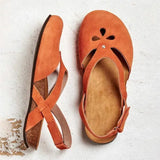 Women Sandals Leather Flat Sandals Round Toe Female Casual Ankle Strap Hollow Sandals Elegant Soft Beach Sole Woman