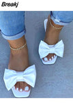 Summer Plus Size One-line Solid Color Bow Flat Sandals Outdoor Beach Slippers Elegant Women Shoes