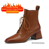 Women Ankle Boots Handmade Luxury Genuine Leather Medium Heels Laces Black Short Boot Elegant Female Booties Designer Shoe