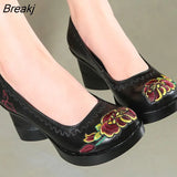 Spring Women Pumps Retro Embroider Lady 7.5CM High Heels Slip On Platform Pumps Handmade Women Genuine Leather