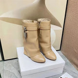 Lock Buckle Women's Mid Calf Boots Punk Style Round Toe High Heel Western Boots Luxury Designer Wedges Women's Short