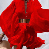 Early Autumn Women New O Neck Lantern Sleeves Dress Casual Solid Color Thin Ruffled Dresses Office Lady Party