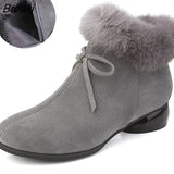 Women Short Boots Natural fur Genuine Leather Ankle Boots Autumn Winter Comfortable Med Heels Boots Women