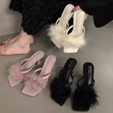 Ladies High Heels Slippers Fluffy Slippers Women 2024 New Summer Fashion Temperament Fine Slippers