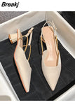 Office Work Women's Shoes Chunky Sandals for Woman Pointed Toe Summer 2023 Thick Heel Beige Block Closed Trend The