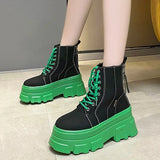 Green Punk Chunky Platform Ankle Boots for Women Autumn Winter Thick Bottom Motorcycle Boots Wedges Gothic Shoes