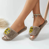 2023 New Halloween Furry Slippers Women Crystal Decor Flat Heel Plush Slippers Woman Non Slip Soft House Slides