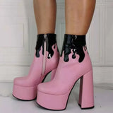 INS Hot Sale Zipper Mixed Color High Heel Round Toe Platform Ankle Boots Thick Bottom Trendy Wimter women's