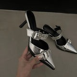 Women's Mules Sandals Slippers High Heels Pointed Toe Elegant Fashion Designer Trend 2024 Party Silver black beige