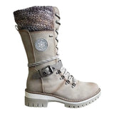 Women Winter Buckle Lace Knitted Mid-calf Boots Low Heel Round Toe Boots Top Quality Winter Warm Boots Women Botas De