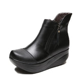 New Women Snow Boots Platform Genuine Leather Winter Women's Shoes Lace Up Fur Boots Black Warm Ankle