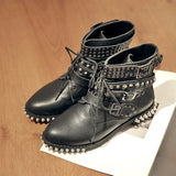 2023 New Winter Women Leather Rivet Buckle Motorcycle Boots Lace Up Gothic Punk Round Toe Platform