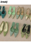 Spring New Brand Pointed Toe Slingback Shoes Thin Heels Shallow Slip On Ladies Elegant Sandals Green Pumps For Dress