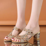 2023 Summer Korean Rhinestone Slippers Women Wear Thick Heel With One-Flops Large Size