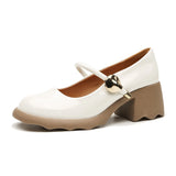 Breakj Leather Round Head Mary Jane Shoes Female Spring / Summer 2024 Comfortable Thick Heel Shallow Mouth Single Shoes Middle High Heel One Word With
