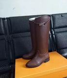 New Women Motorcycle Booties Belt Strap Metal Shark Lock Flat Heel Knee High Boots Woman Shoes Genuine Leather Botas