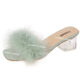 Breakj High-Heeled Slippers Women's Hairy Cool Drag Crystal Coarse And Net Red Summer Fashion Wear Half-Dragging Women's Shoes