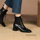 Women Ankle Boots Handmade Luxury Genuine Leather Medium Heels Laces Black Short Boot Elegant Female Booties Designer Shoe