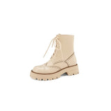 Women Genuine Leather Motorcycle Boots Platform Thick Heel Round Toe Shoes Med Heel Lace Up Ladies Boots Autumn