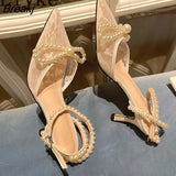 Elegant Women Party Dress Shoes Pointed Toe Ankle Buckle Strap Pumps Sandals Fashion String Bead Bowknot Designer