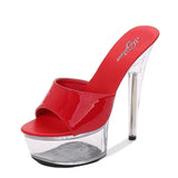Women Slippers Summer Platform Flower Red High Heels Patent leather 15cm Outdoors Sandals Ladies Shoes Clear Heel Crystal
