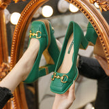 Women's Mid-heel 5.5CM 2023 Summer French Style Back Empty Female Thick Heel Square Toe Mary Jane Shoes Black Green Talon