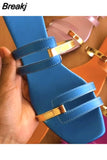 Women Square Toe Gold Pu Flats Outdoor Slippers Casual Ladies Summer Shoes Mature Open Toe Design Slides Slingback