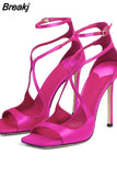 Women's Luxury Sandals Summer Pink Satin Open Toe Stiletto Sandals Concise High Heels Women Pumps Ankle Straps Designer