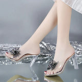 Breakj Drill Bow One-Word Slippers Women Summer Sexy Crystal And High-Heeched Cool Slippers Transparent