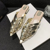 Breakj Women's Shoes Forever Pedal Home ~ Summer Fresh! French Small Retro Cross-Woven Hollow Fashion Low-Heeled Slippers