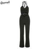 women halter bandage v-neck sleeveless ruched tops sweatpants solid matching set sexy clubwear stretchy skinny