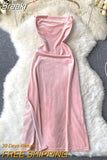 Sexy Women Pink Velvet Dress New Spring Autumn Spaghetti Strap Sleeveless Backless Side Split Evening Party Midi