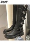 High Heels Women Mid Calf Boots 2023 Hot Punk Gothic Knee High Motorcycles Boots Buckle Comfy Walking Boots Autumn