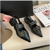 Big Size Summer New Korean Version of Shallow Mouth Flat Women's Shoes Belt Buckle Small Pointed Head Rivet Single