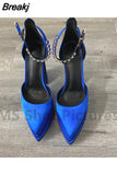 Women High Heel Shoes Platform Sandals Pointed Toe Woman Silk Pumps Sexy Rhinestone Buckle Chunky Heel Wedding Shoes