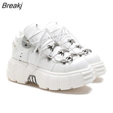 Women's Punk Style Leather Shoes Lace-up Heel Height 6CM Platform Female Gothic Ankle Boots PU Metal Decor Thick Bottom
